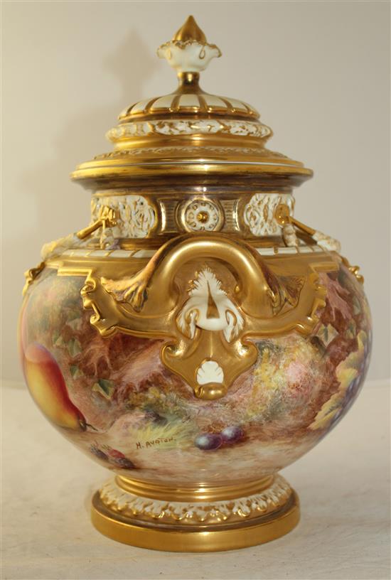 A Royal Worcester fruit painted pot pourri urn and cover, signed H.Ayrton, post-war, 30cm